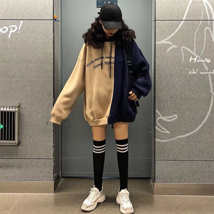 秋冬2018韓版新款加絨加厚拼接寬松繡花連帽pphome套頭衛衣女學生