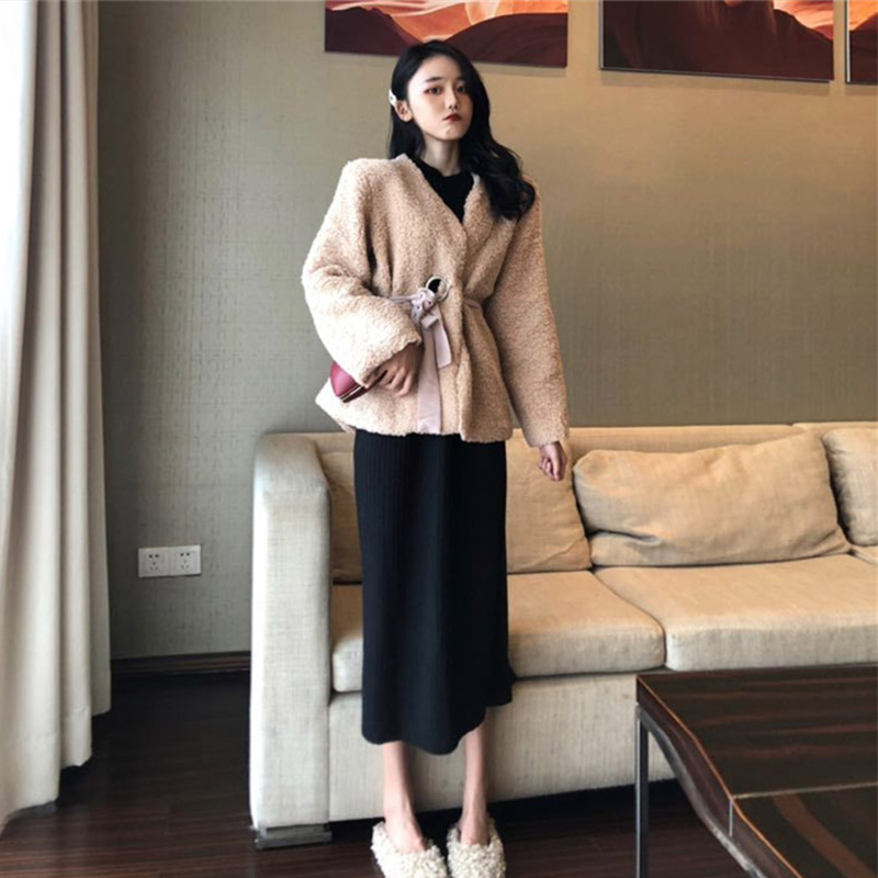 2018秋裝新款韓版加厚保暖寬松百搭大衣打底針織衫半身裙時尚套裝