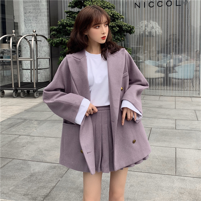 秋冬新款雙排扣呢子大衣外套時尚套裝呢子百褶裙褲chic氣質兩件套