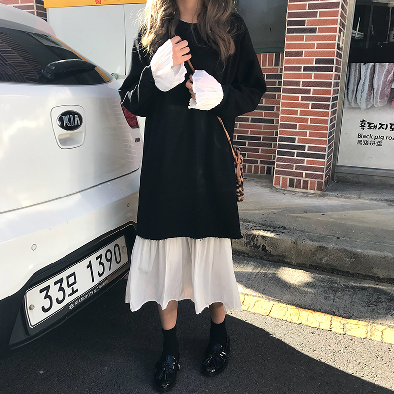 新款內搭吊帶打底裙時尚套裝不規則拼接喇叭袖連衣裙chic兩件套女