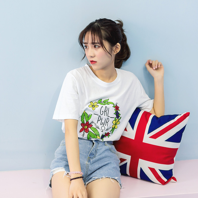 夏裝新款韓版女裝刺繡短袖T恤上衣寬松棉質潮打底衫學生上衣