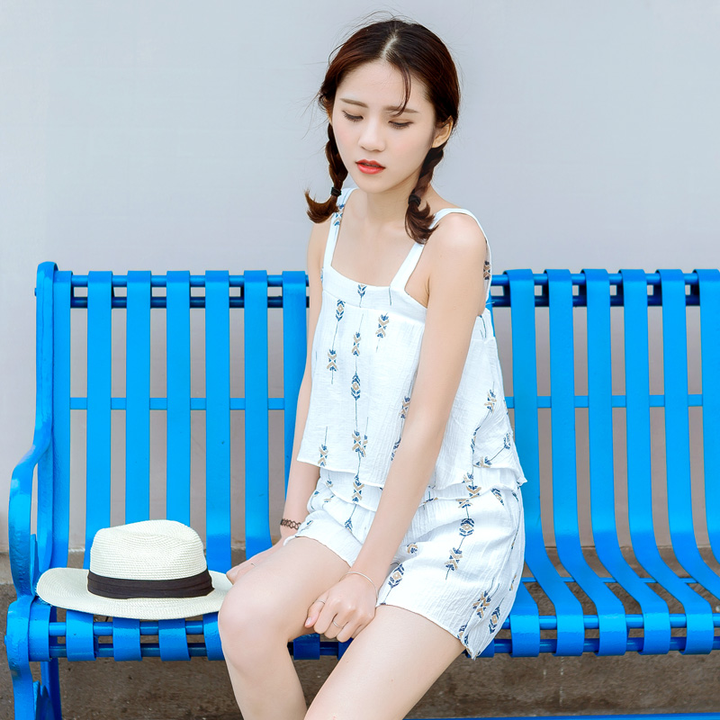 夏裝新款女裝韓版小清新時尚套裝吊帶闊腿短褲小碎花兩件套潮