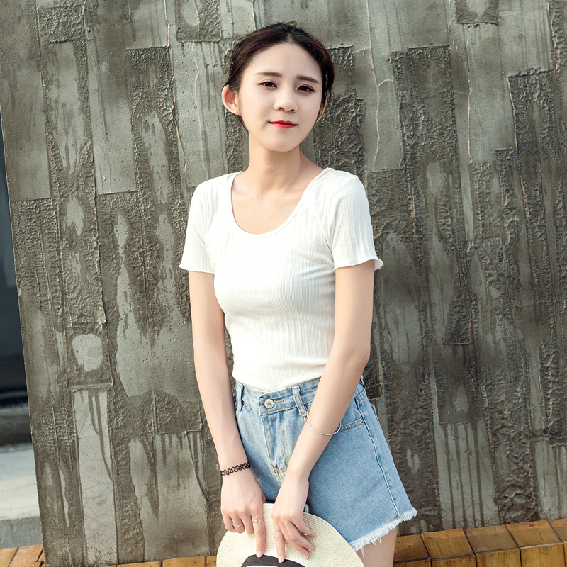 夏裝新款韓版t恤女短袖圓領修身木耳邊上衣百搭純色打底衫潮