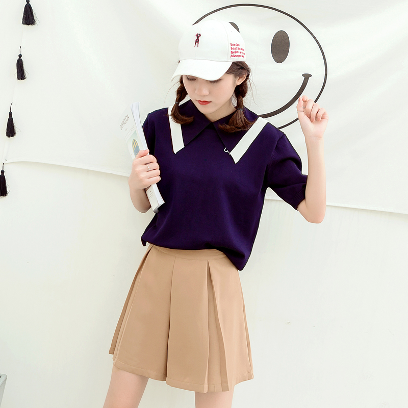 學院風毛針織衫女夏裝新款韓版女裝休閑打底衫短袖撞色上衣潮